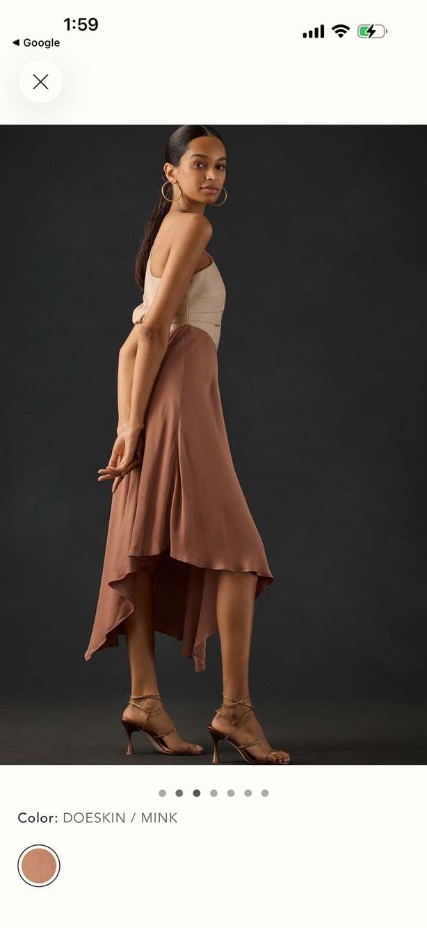 By Anthropologie Faux Leather One-Shoulder Asymmetrical Midi Dress in Doeskin/Mi - Picture 3 of 8